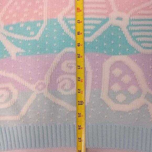 Vintage 80s Pastel Knit Sweater Geometric Bow Pattern Retro Pullover Holiday L - Picture 5 of 9
